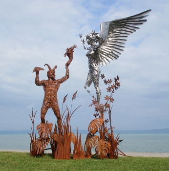 Huge garden statuette Pan and Syrinx rusty